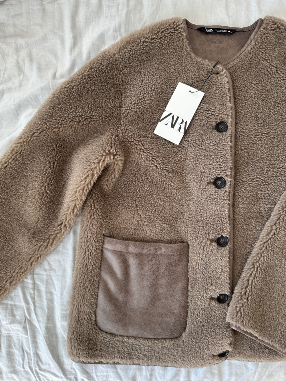 NWT Zara Taupe Plush Teddy Button Up Fleece Jacket - Picture 8 of 14